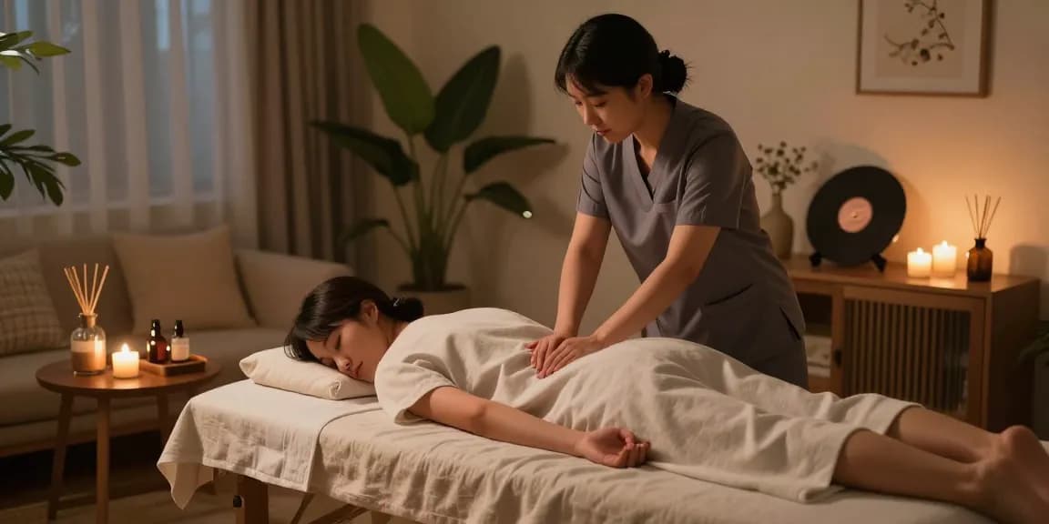 Relaxing 수원출장마사지 session in a cozy home setting with aromatherapy and ambient lighting.