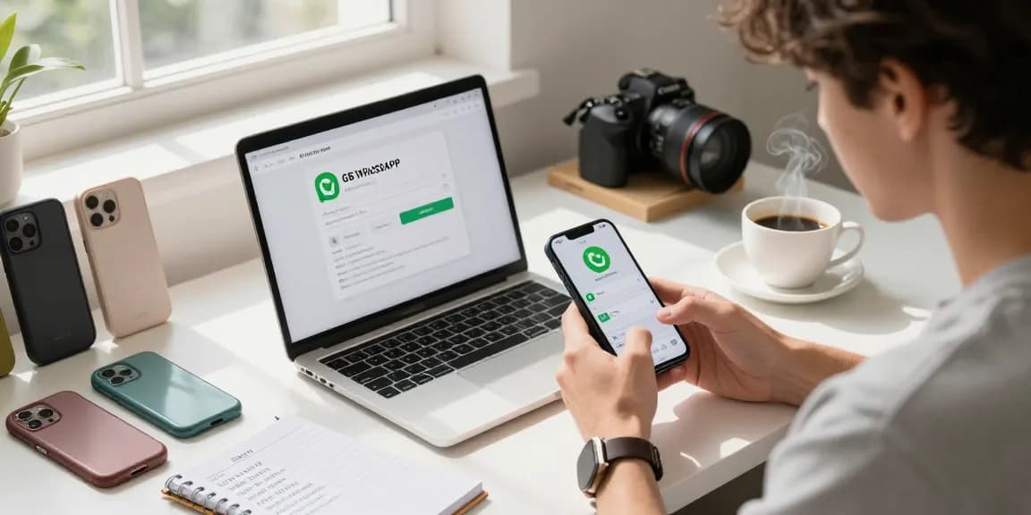 Engaged user exploring GB WhatsApp features on smartphone in a modern workspace.