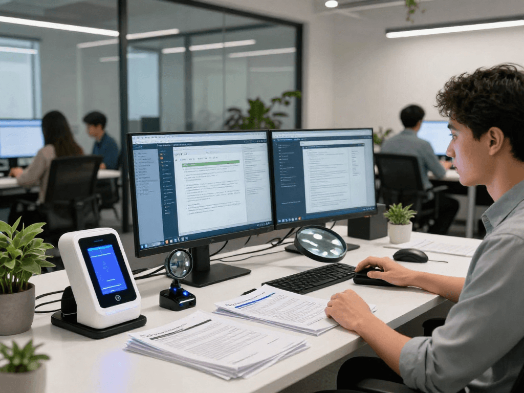 Data analyst focused on document fraud detection in a modern office, analyzing dashboards and verification tools.