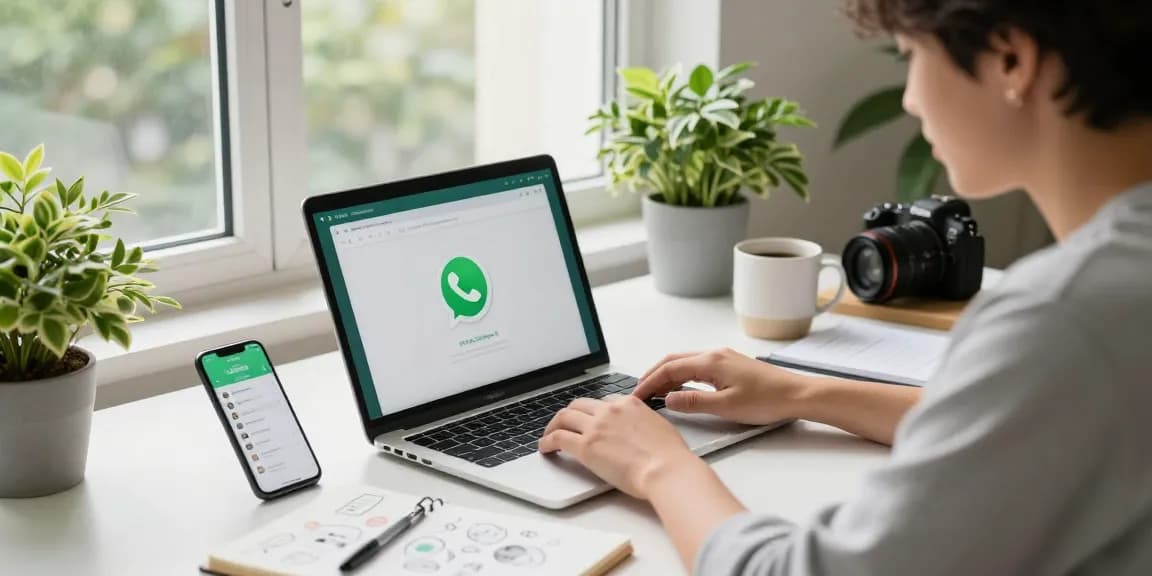 Using WhatsApp電腦版 in a modern professional workspace with laptop and smartphone notifications.