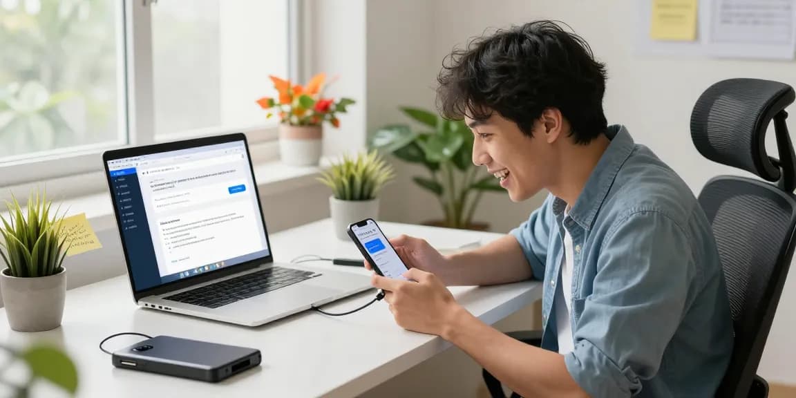 展示爱思助手官网界面的现代工作站，用户在积极排查iOS设备故障。