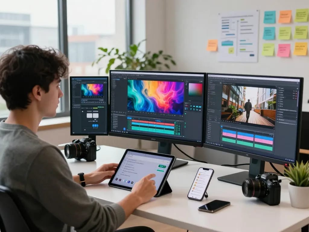 AI video creation workspace featuring kling 2.18 with vibrant visuals, modern tech setup, and professional atmosphere.