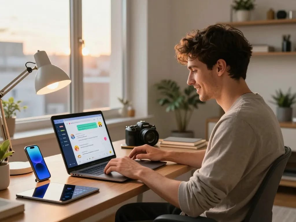 Engaging in porn ai chat in a stylish home office, showcasing the interaction with AI.