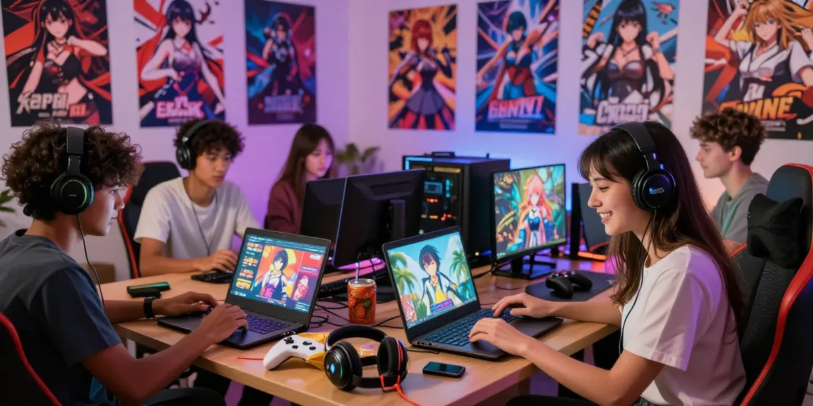 Gamers enjoying hentai games in a vibrant home gaming setup