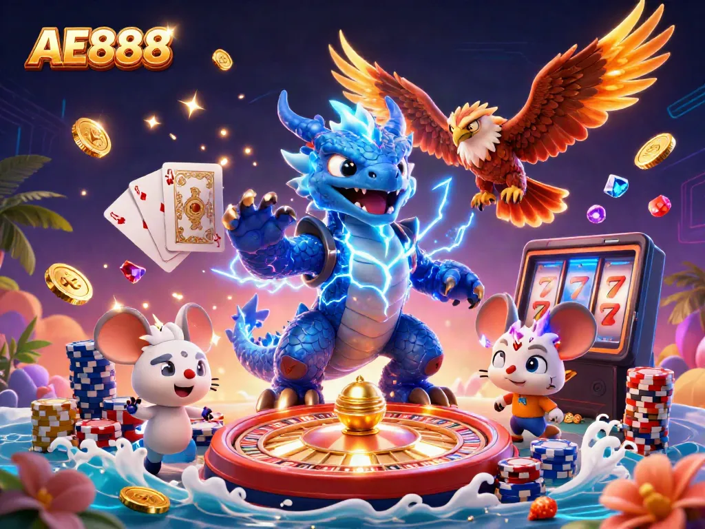 Experience thrilling gaming at AE888 with exciting characters and dynamic casino elements in a vibrant scene.