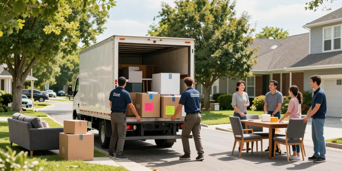 Moving Services - Professional movers loading a truck with furniture for a family's relocation.