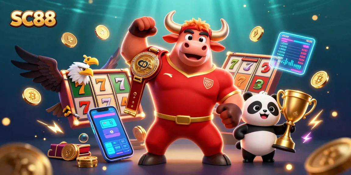 SC88 casino scene featuring a victorious bull mascot, eagle, and panda, with slot game elements