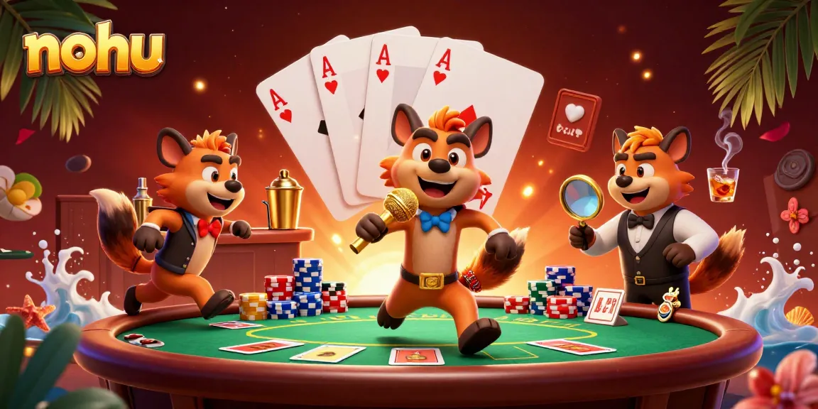 Hyenas in comedy casino scene featuring nohu, poker elements and vibrant colors for gamblers.