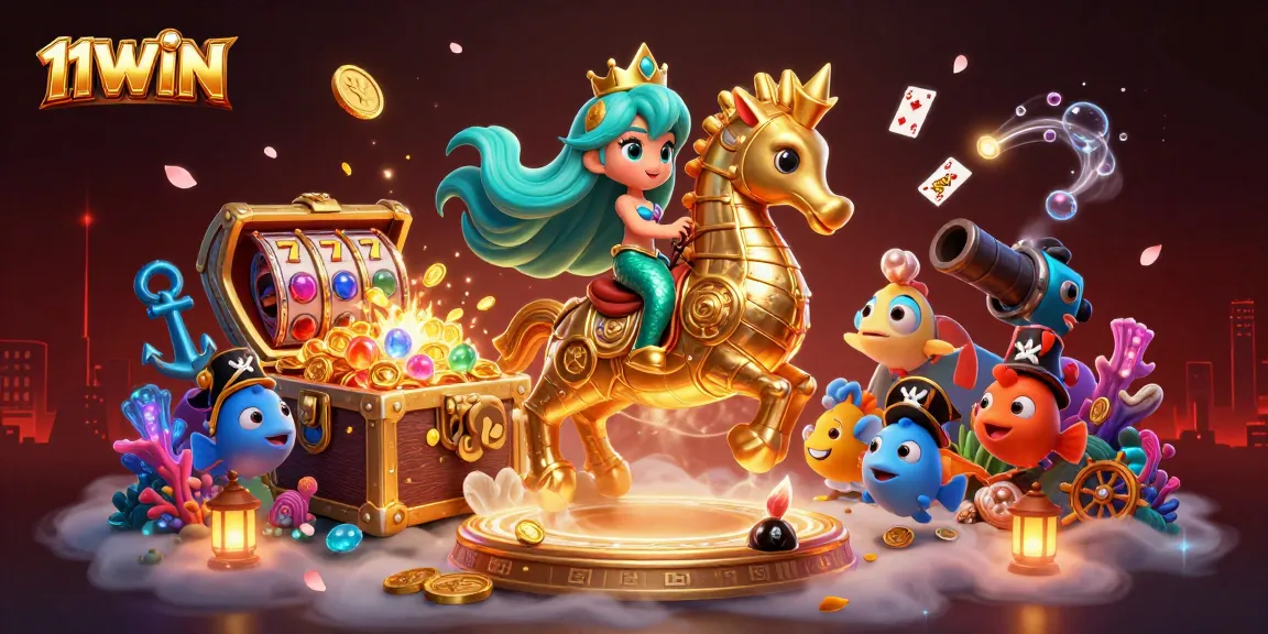 Engage with 11WIN's colorful underwater casino adventure featuring a mermaid and vibrant game elements.