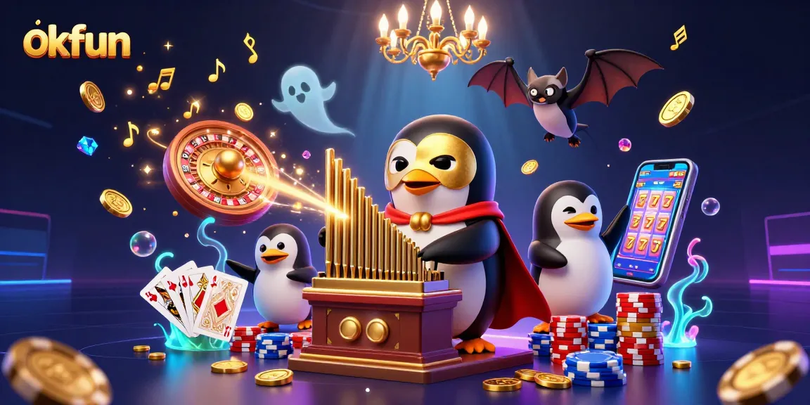 Engage with okfun by enjoying vibrant slot machine games, surrounded by cascading golden coins and colorful poker chips.