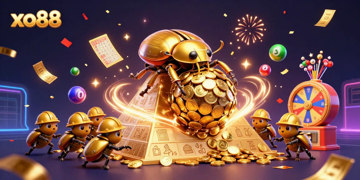 Spin and win at xo88 with vibrant lottery-themed carnival scene featuring golden coins.