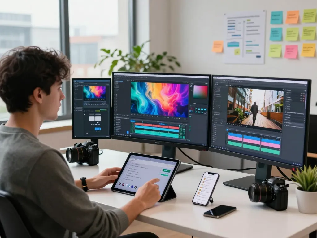 AI video creation workspace featuring kling 2.18 with vibrant visuals, modern tech setup, and professional atmosphere.
