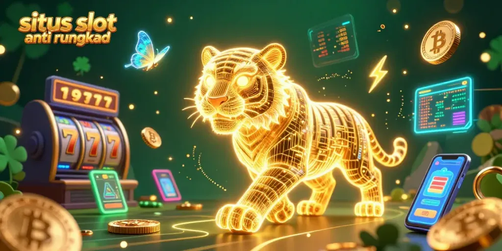 Situs slot anti rungkad showcasing a golden tiger in a vibrant digital casino with slot reels and crypto elements.