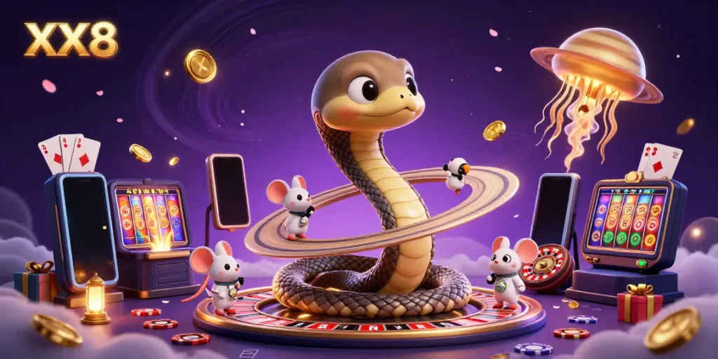Engage with the thrilling XX 8 casino adventure featuring a Saturn ring snake, astronaut mice betting, and cosmic dealer.