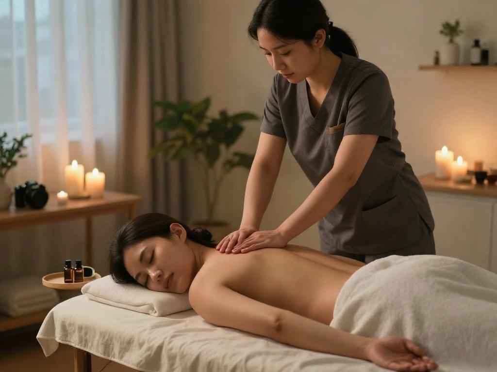 시흥출장안마 service showcasing a relaxing home massage environment with a professional therapist and relaxing atmosphere.