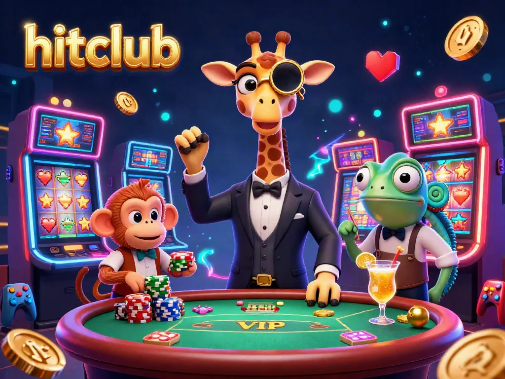 Experience thrilling gaming at hitclub with a high-roller giraffe, monkey valet, and chameleon bartender in a lively casino scene.
