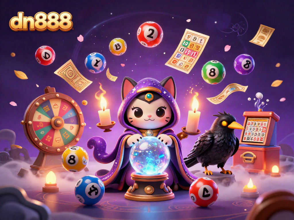 Engage in thrilling lottery action with dn888 illustrated by vibrant balls and magical characters.