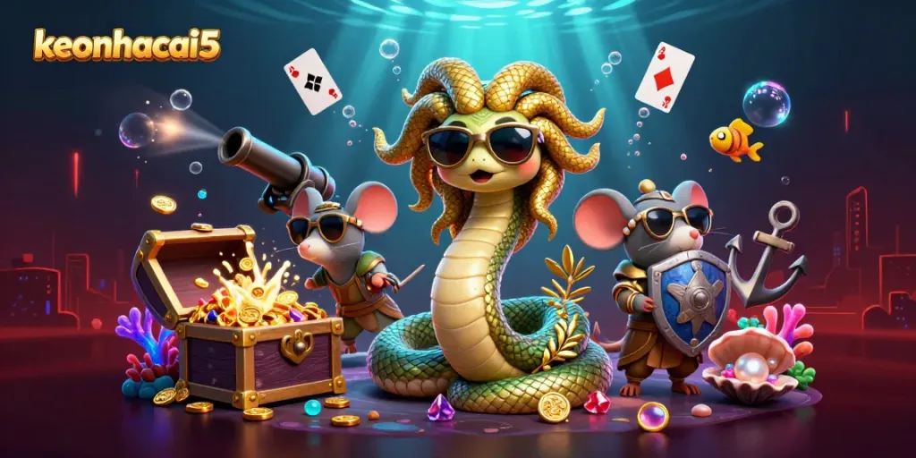 Engage with keonhacai5 as Medusa and a warrior mouse explore underwater treasures in a vibrant casino setting.