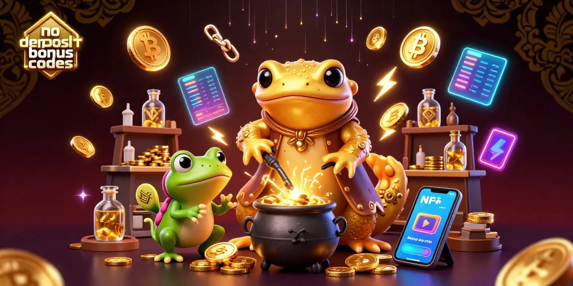 Explore no deposit bonus codes in a vibrant casino scene with alchemists and crypto elements.