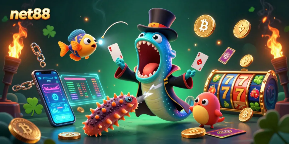 Engage with net88's thrilling casino experience featuring vibrant characters and crypto elements.