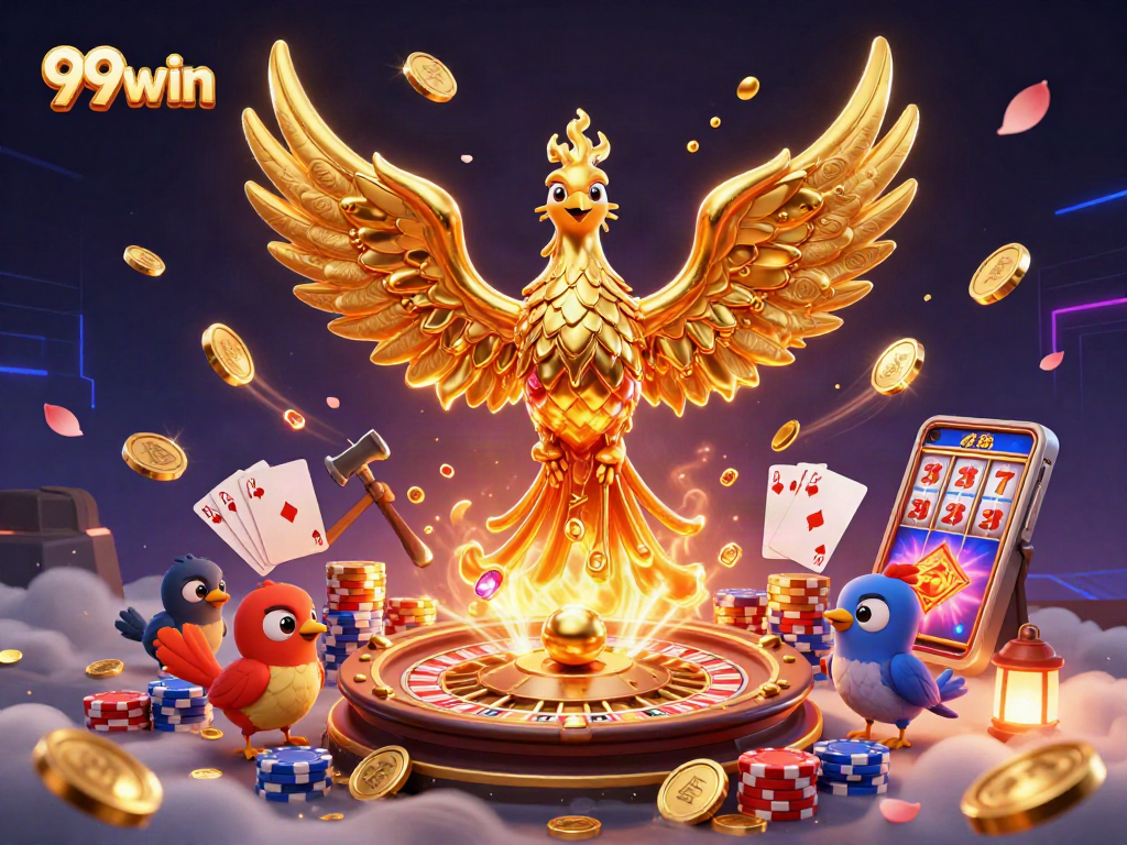 Experience thrilling wins with 99win as the golden phoenix emerges in a dazzling casino scene.