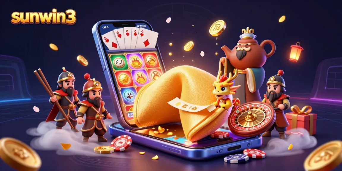 Engage with sunwin3 in a vibrant 3D casino scene featuring animated fortune cookies, dragons, and exciting gaming elements.