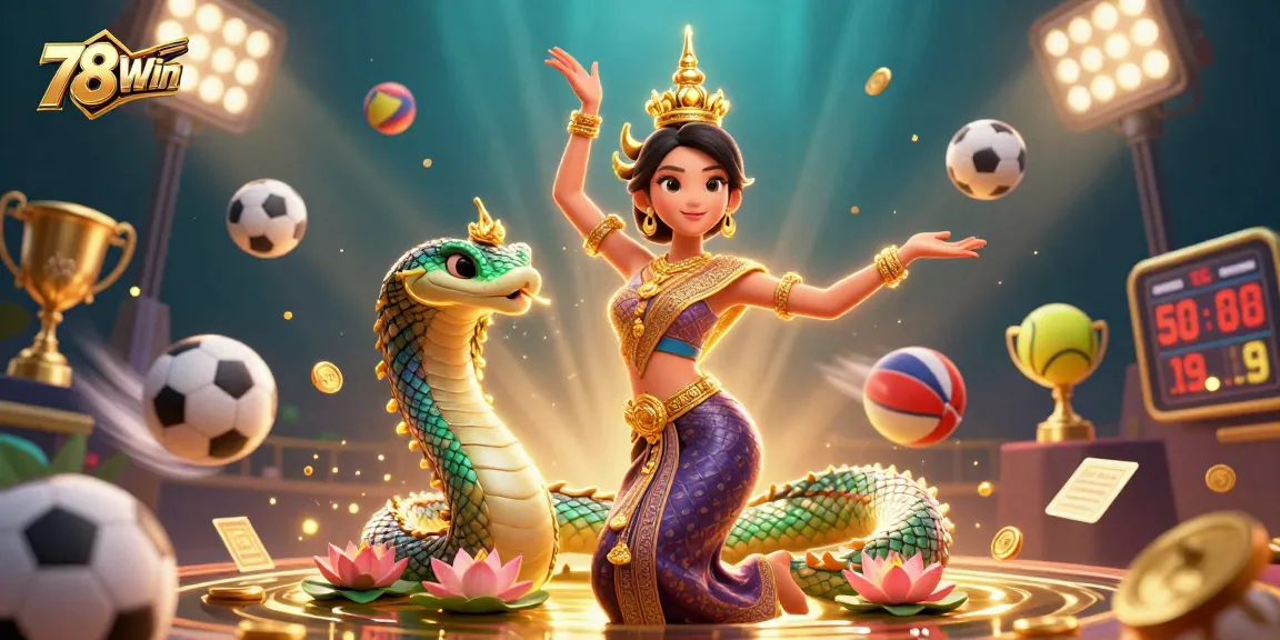 Engage with 78Win's vibrant casino scene featuring a traditional Thai dancer, Naga serpent, and sports elements.