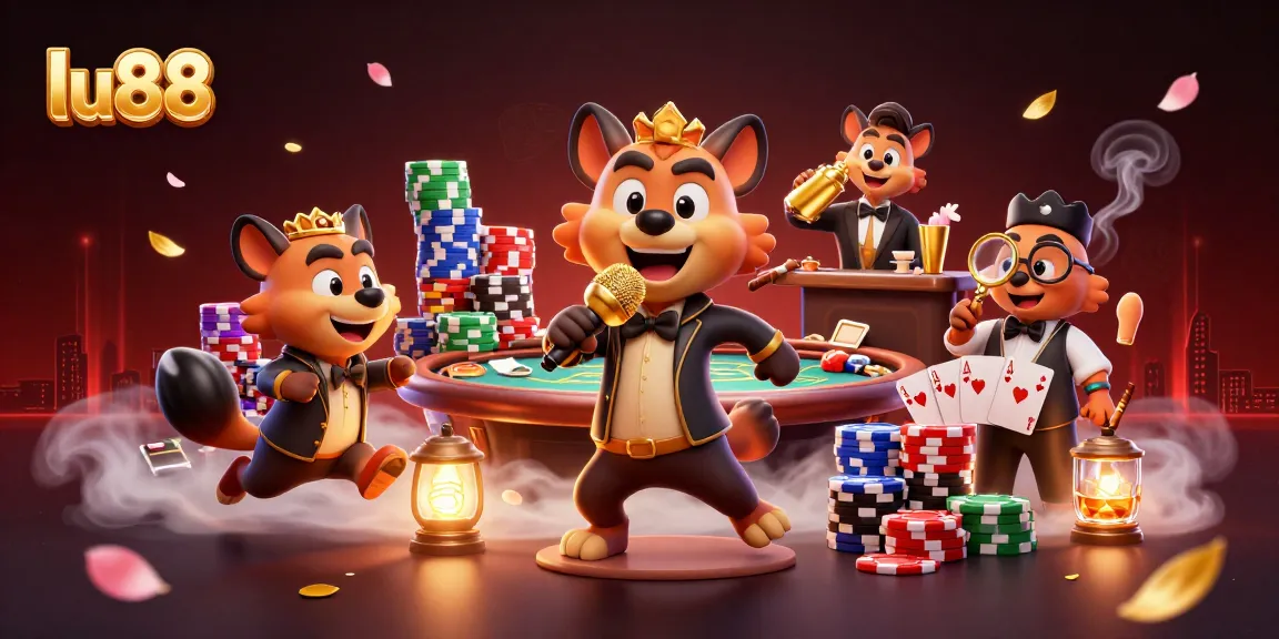 Experience the fun and excitement at lu88 with lively hyenas in a vibrant casino scene.