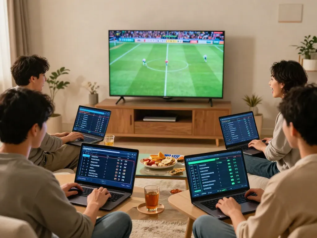 Online betting excitement with friends using https://debet.gb.net/ in a cozy living room.