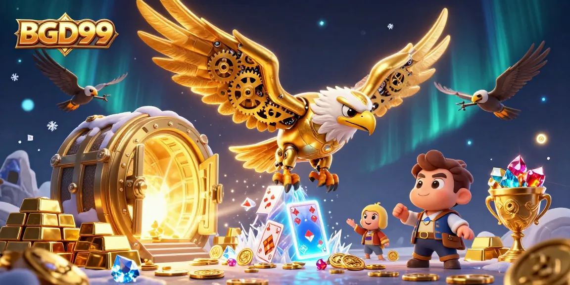 Engage with BGD99's vibrant gaming world featuring a golden eagle amidst dynamic casino elements.