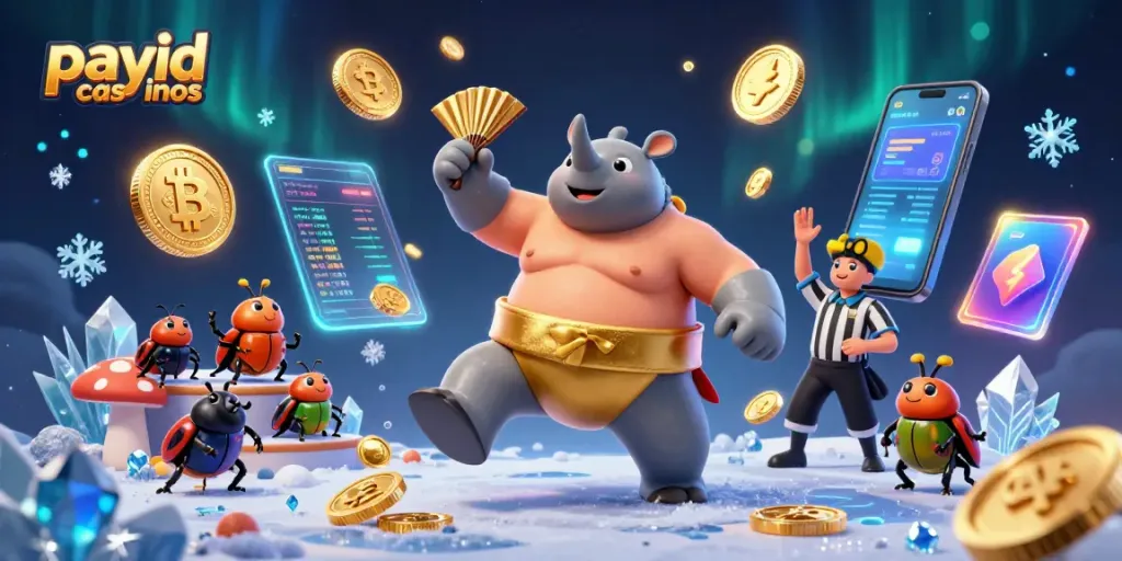 Experience the thrill of payid casinos with a lively 3D illustration of a sumo beetle champion celebrating wins.