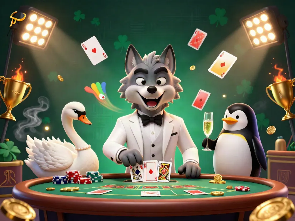 Engage with B52club as a debonair wolf, elegant swan, and penguin sommelier in a vibrant poker scene.