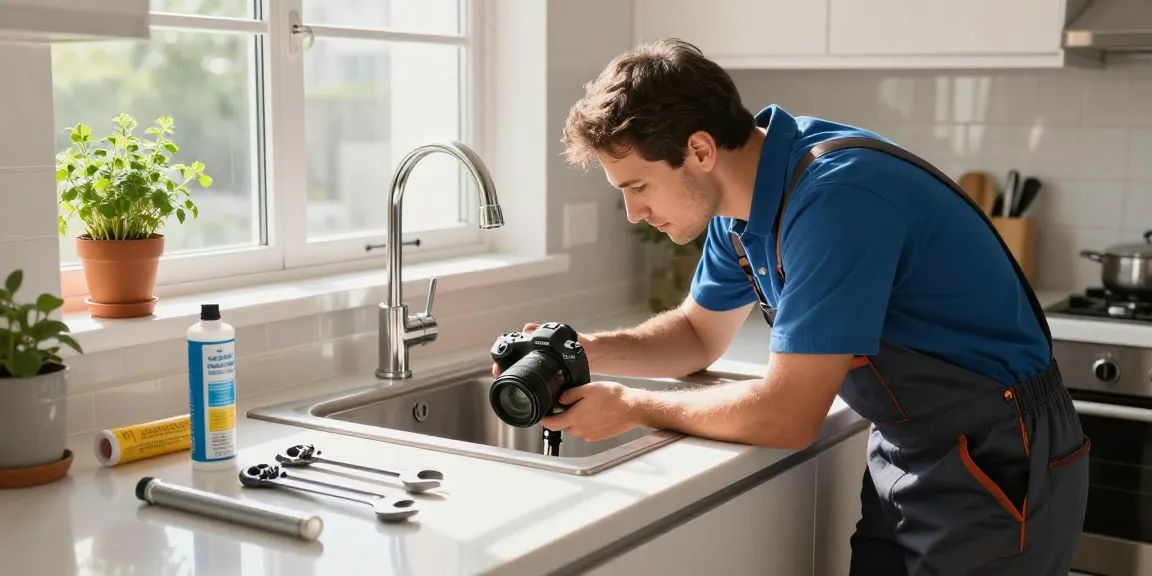 Residential plumbing San Diego expert inspecting kitchen plumbing for leaks with tools.