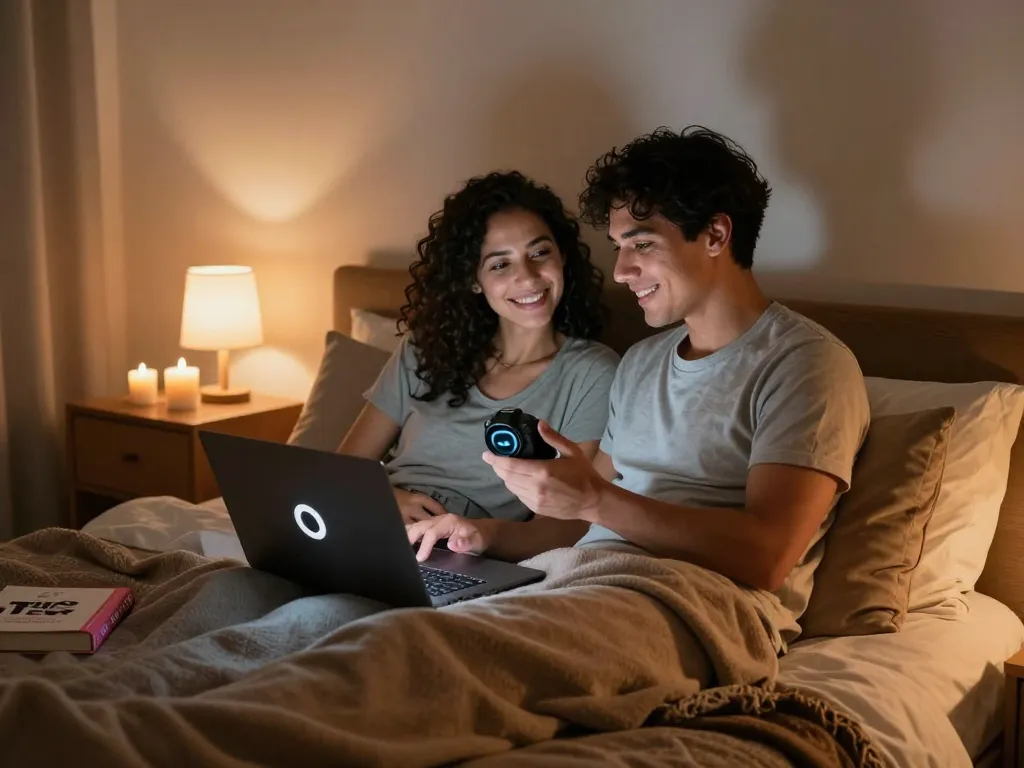 Couple exploring sex AI intimacy tools in cozy bedroom setting.