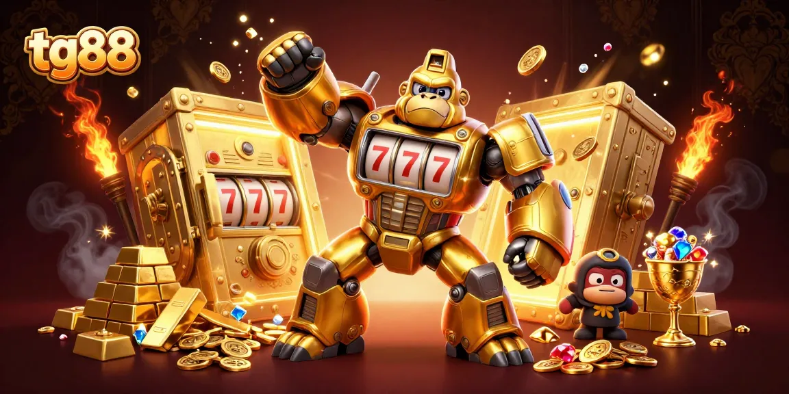 Experience tg88's vibrant online casino with a dynamic 3D illustration featuring exciting gaming elements and treasures.