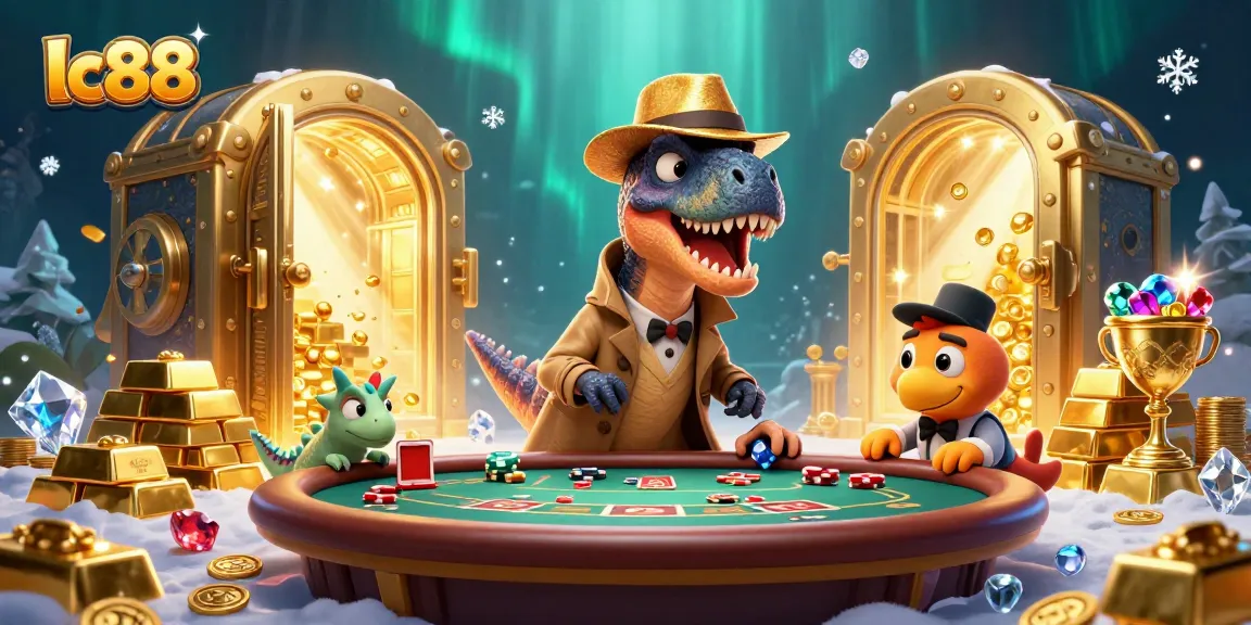 lc88 gamblers enjoying vibrant casino action with a velociraptor, stegosaurus, and treasure