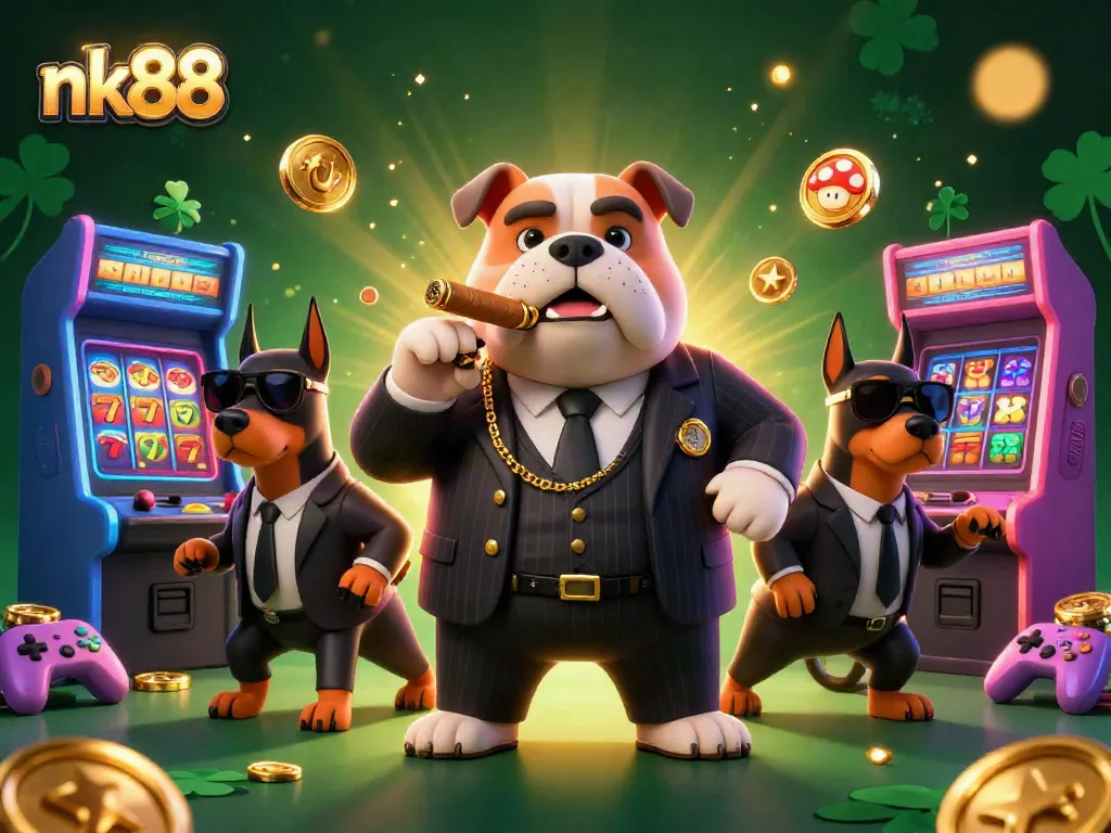 Engage in thrilling gaming with nk88 as a cartoon bulldog mafia boss and Doberman bodyguards amidst colorful slots and casino games.