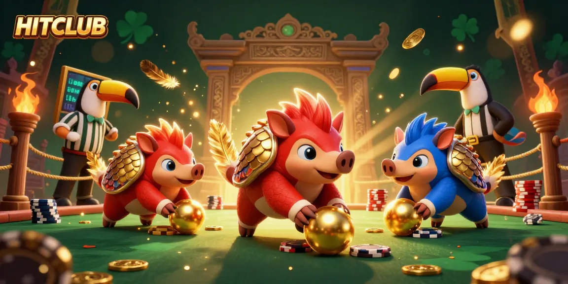 Join the excitement at HITCLUB as rival pangolins roll through golden poker chips in an animated casino scene.