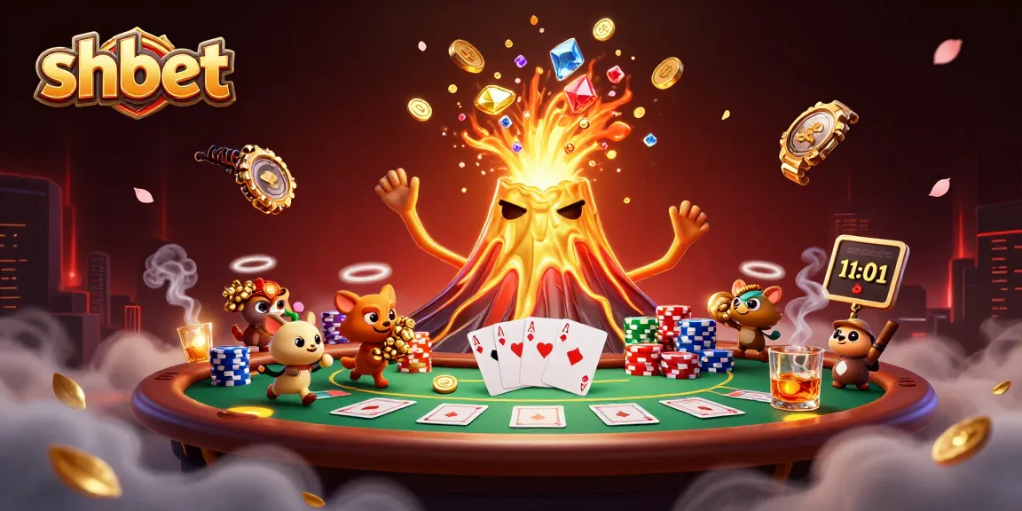Experience the excitement of shbet with a golden volcano releasing coins and a thrilling poker scene.