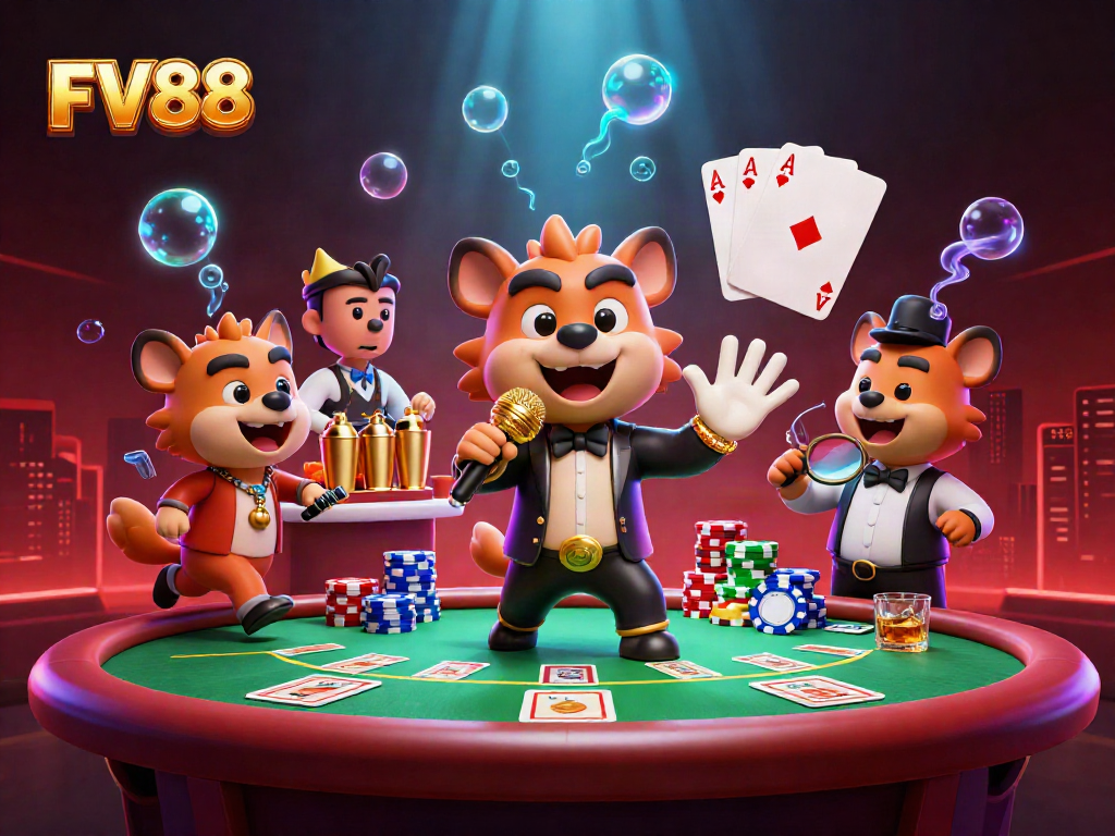 Join the fun at FV88 with hyenas at a comedy casino, featuring poker and vibrant elements.