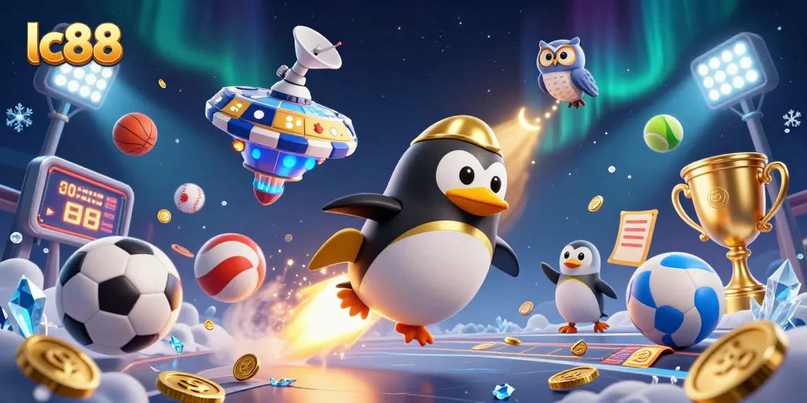 Spin and win at lc88 with a dynamic 3D scene featuring a golden penguin and casino elements.