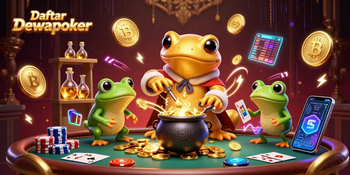 Experience the thrill of Daftar Dewapoker with a vibrant poker scene featuring mystical characters and gold.