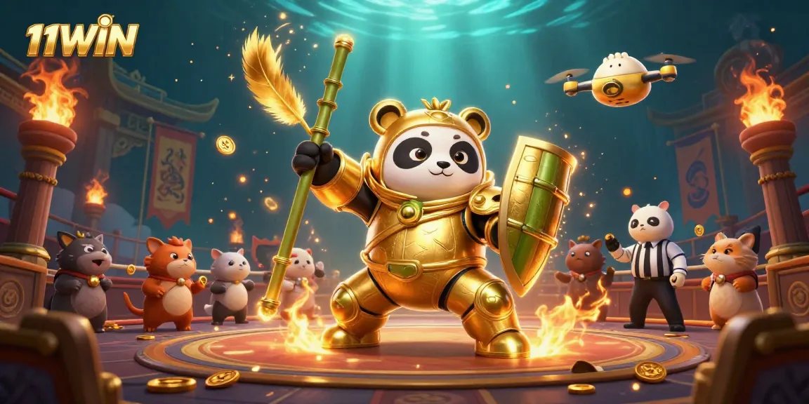Experience thrilling action at 11WIN with a golden panda battling in a dynamic casino-themed arena.