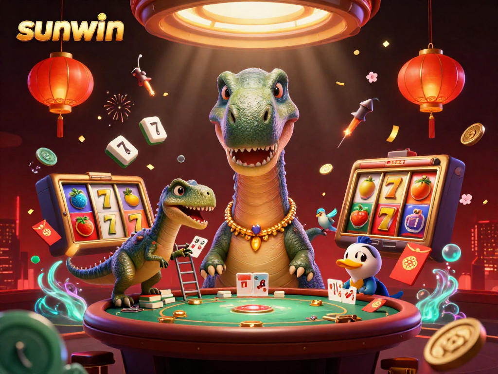 Experience thrilling slots at Sunwin with a fun scene featuring a dinosaur and vibrant casino elements.