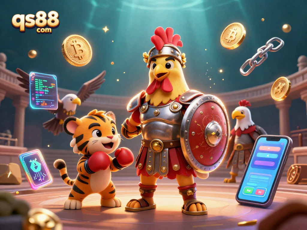 Engage with vibrant action at qs88 com featuring a gladiator rooster in a dynamic casino environment.