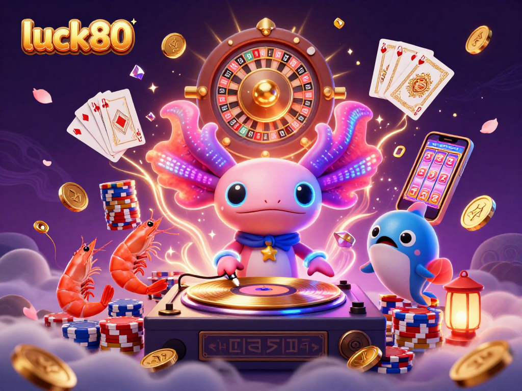Join the fun at luck80 with glowing characters and casino games in a colorful 3D scene.