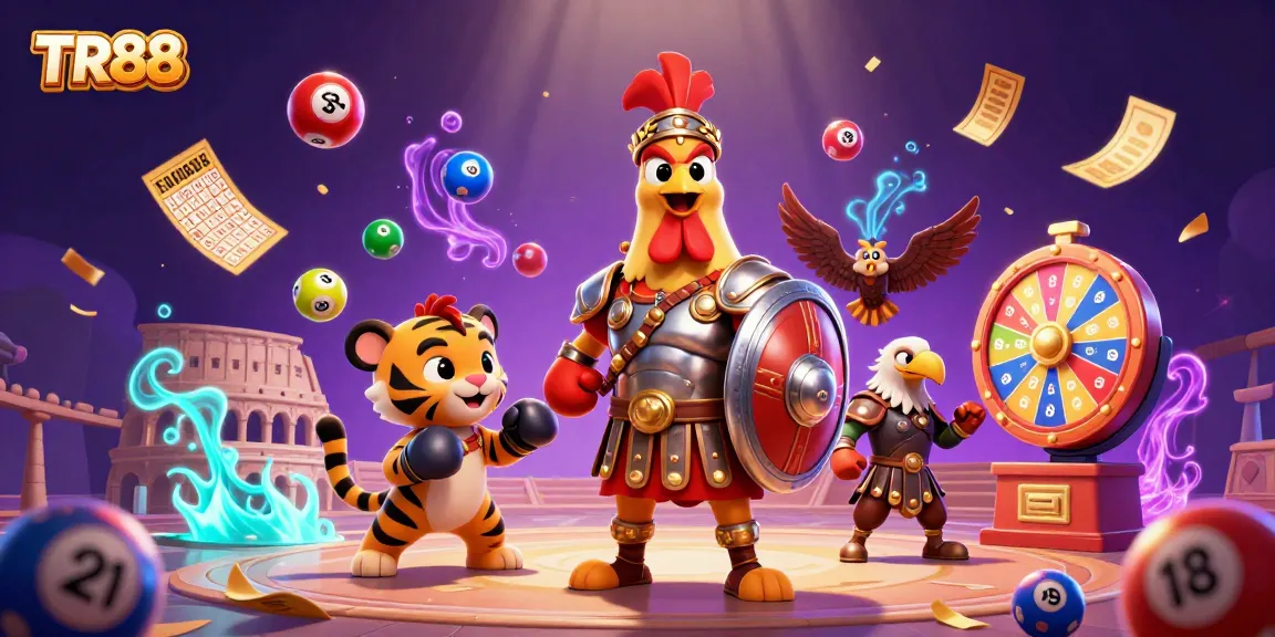 Engage in TR88's thrilling lottery experience with a gladiator rooster and tiger cub in an action-packed scene.