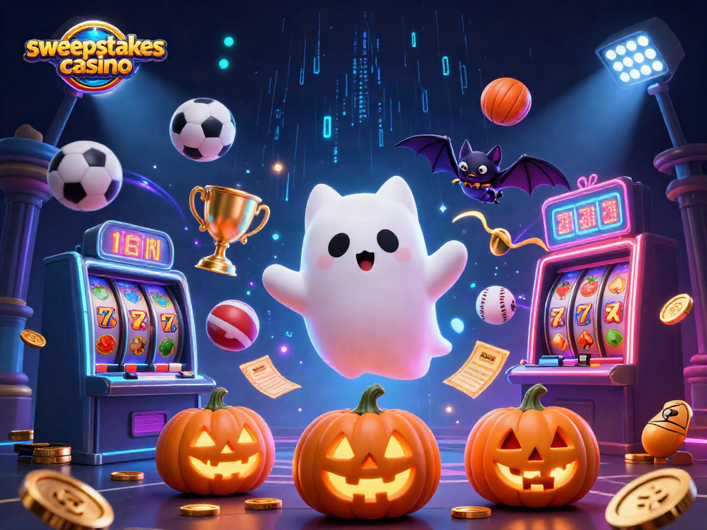 Engage in the sweepstakes casino experience with a dynamic scene of ghost cat and elements.