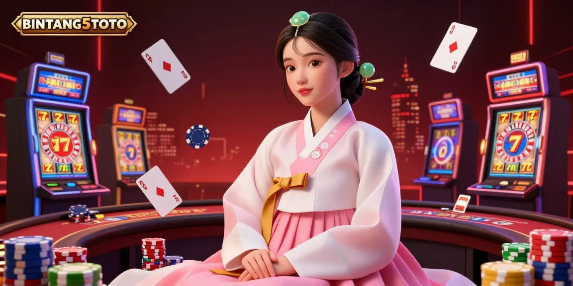 BINTANG5TOTO showcases an elegant Asian woman in a Korean hanbok surrounded by dynamic casino elements.