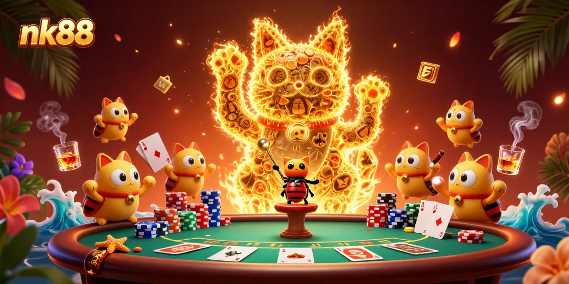 Engage with nk88's vibrant casino scene featuring a golden lucky cat and dynamic poker elements.